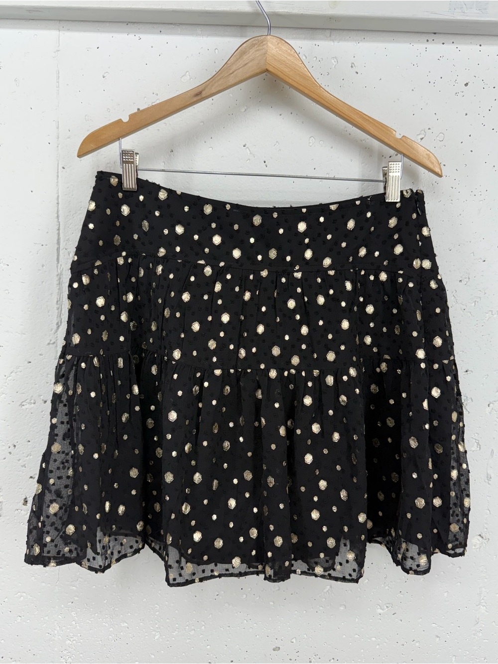 LOFT Ann Taylor Women’s size 8 Black & Gold Swiss Dot Tier Mini Skater Skirt NEW